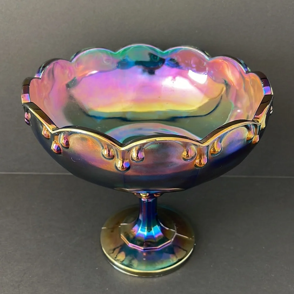 Indiana Glass Peacock Blue Carnival Glass with Garland Pedestal Bowl‎